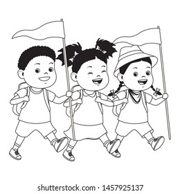 Happy kids with camping backpacks and flag ready to summer camp ,vector illustration graphic design.
