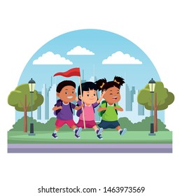 Happy kids with camping backpacks and flag ready to summer camp in city park urban scenery background ,vector illustration graphic design.