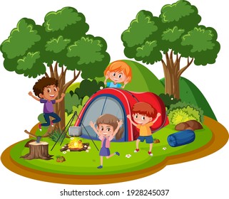 Happy kids camping in the forest illustration