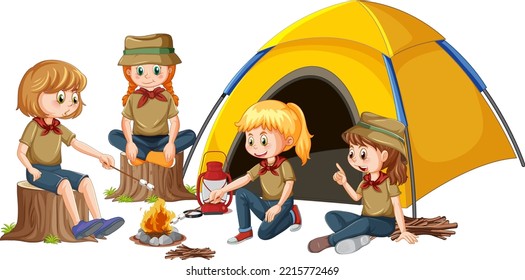 Happy kids at camping tent illustration