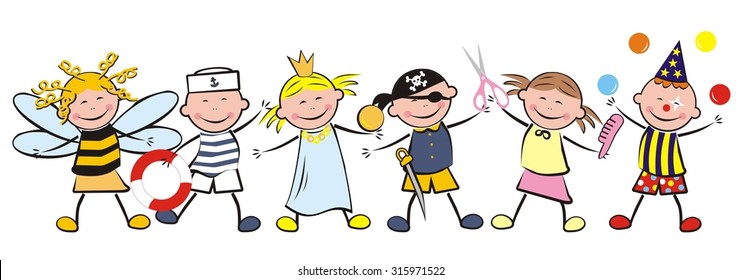 happy kids and carnival, bee, mariner, princess, pirate, stylist and clown, vector illustration