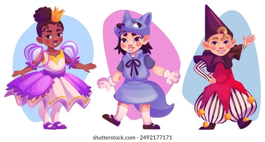 Niños felices en trajes de carnaval aislados sobre fondo blanco. Ilustración de dibujos animados de Vector de los niños que usan princesa elegante, lobo, vestidos de arlequín, niño y niñas bailando en el espectáculo de teatro