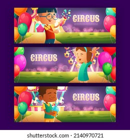 Happy kids in carnival funfair at night. Amusement park with circus tent, rollercoaster, carousel, ferris wheel and fireworks in sky. Vector cartoon summer landscape with fairground and children