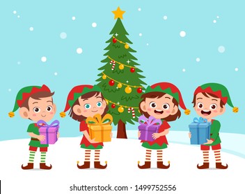 happy kids carry gift christmas