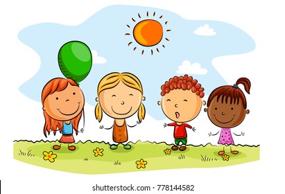 Happy kids cartoon with balloons on a summer day