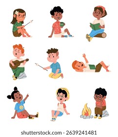 Happy kids cartoon boys and girls characters enjoying rest at campfire having fun and sweet snack isolated set on white background. Cute little children relaxing at bonfire vector illustration