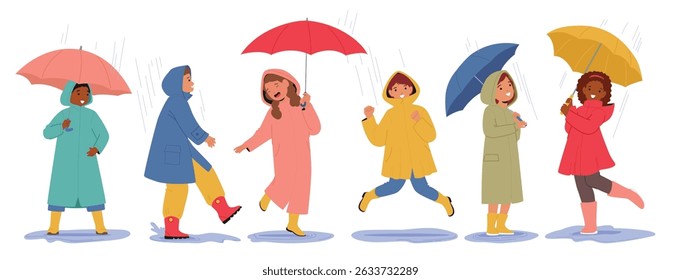 Happy kids cartoon characters wearing raincoats holding umbrellas and without standing under rain isolated set. Cute boy and girl children enjoying rainy weather outdoors vector illustration