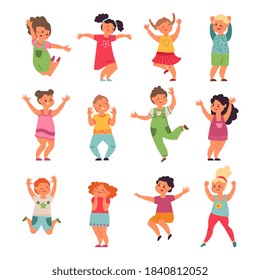 Happy kids. Cartoon children, preschool jumping girls boys. Emotional little funny people playing, isolated cute active friends vector set