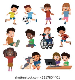 Happy kids cartoon collection. Children in different positions isolated over white background.