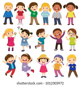 Happy kids cartoon collection  Multicultural children in different positions isolated white background