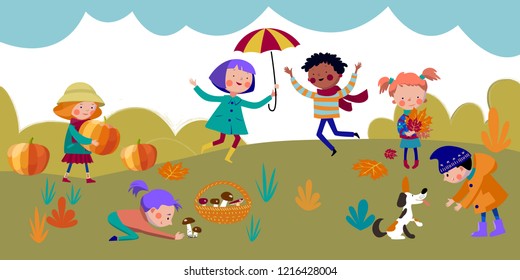 Happy kids cartoon collection. Multicultural children in different positions isolated on white background