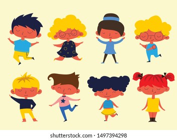 Happy kids cartoon collection. Multicultural children in different positions isolated on light background