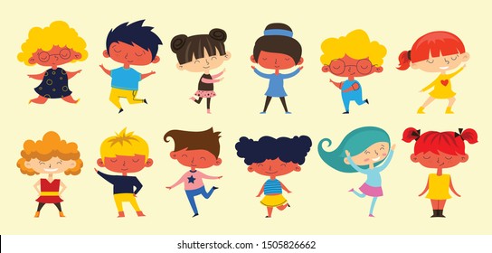 Happy kids cartoon collection. Multicultural children in different positions isolated on light background