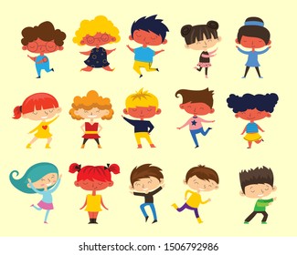 Happy kids cartoon collection. Multicultural children in different positions isolated on light background