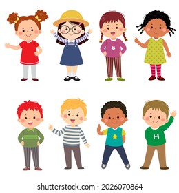 Happy kids cartoon collection  Multicultural children in different positions isolated white background 