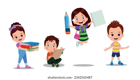 Happy kids cartoon collection. Multicultural children in different positions isolated on white background
