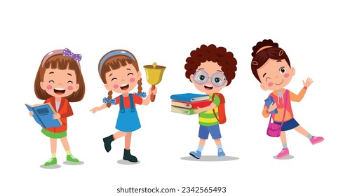 Happy kids cartoon collection. Multicultural children in different positions isolated on white background