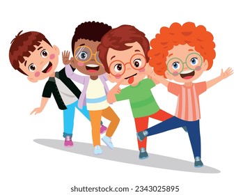Happy kids cartoon collection. Multicultural children in different positions isolated on white background