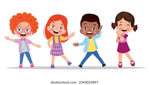 Happy kids cartoon collection. Multicultural children in different positions isolated on white background