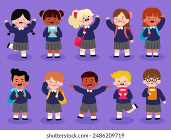 Happy kids cartoon collection. Multicultural children in different positions isolated on purple background.vector illustration