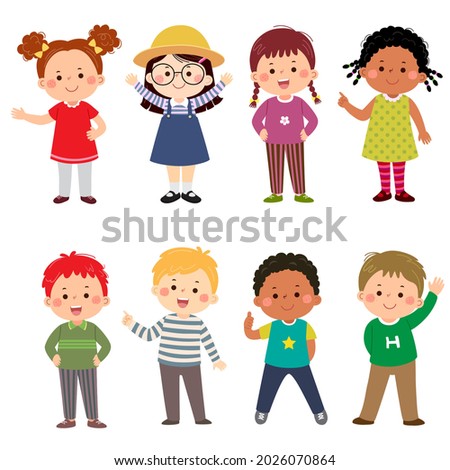 Happy kids cartoon collection. Multicultural children in different positions isolated on white background.