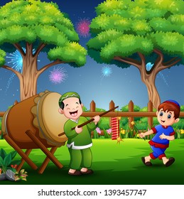 Happy kids celebrate for eid mubarak with firecrackers