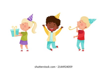 Happy kids celebrating birthday set. Boys and girl in party hats having fun at party cartoon vector illustration