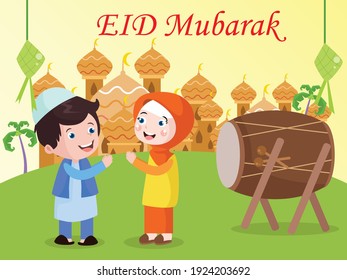 Happy Kids celebrating Eid al-fitr cartoon vector concept for banner, website, illustration, landing page, flyer, etc.