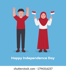 Happy Kids Celebrating Indonesia Independence Day Cartoon