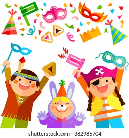 happy kids celebrating Purim with costumes and related items