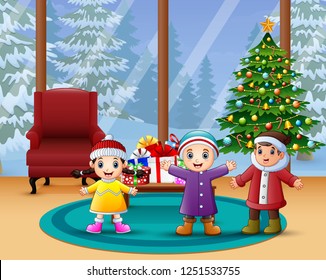 Happy kids celebration a christmas in the home