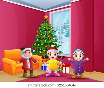 Happy kids celebration a christmas in the home