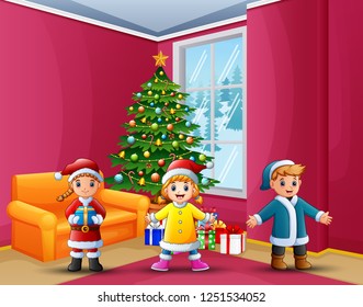 Happy kids celebration a christmas in the home