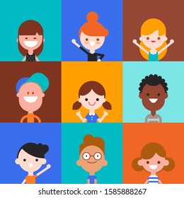 Happy kids character in flat design style isolated on colorful background. Diversity children portrait avatar cartoon vector illustration.