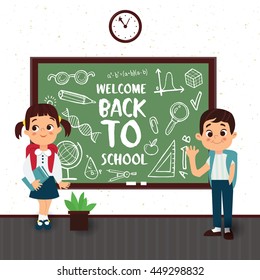 Happy Kids Character Hiding Behind the Green Chalkboard with Back to School Writings