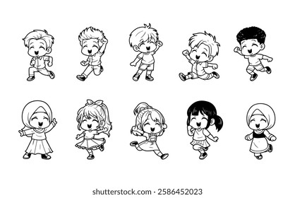 Happy kids character outline vector illustration set