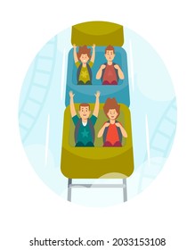 Happy Kids Characters Riding Roller Coaster in Amusement Park. Excited Boys and Girls Having Fun at Rollercoaster Car. Weekend Recreation, Extreme, Family Leisure. Cartoon People Vector Illustration