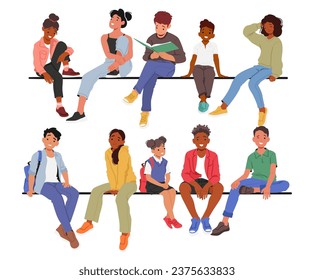 Happy Kids Characters Sitting On A Perch, Immersed In Joyful Conversation or Reading, Their Smiles Radiate Pure Happiness, Carefree Childhood, Innocence, Friendship. Cartoon People Vector Illustration