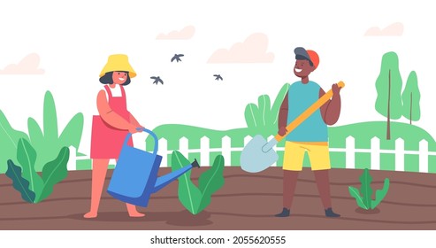 Happy Kids Characters Working in Summer Garden. African Boy Digging Soil, Caucasian Girl Farmer or Gardener Watering Plants in Flower Bed. Children Gardening Hobby. Cartoon People Vector Illustration