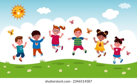 Happy kids. Children play in meadow. School summer day. Fun camp or kindergarten. Spring vacation. Cheerful boys and girls walking outdoor. Jumping people. Vector cartoon tidy background