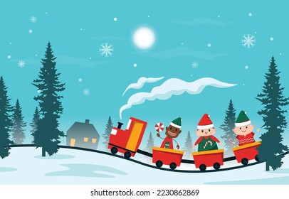 Happy Kids Children Playing Train Winter Christmas Illustration