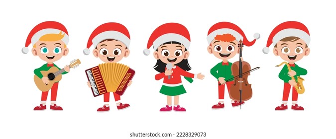 Happy kids in christmas costume sing musical vector illustration