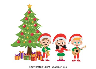 Happy kids in Christmas costumes sing musical in front of Christmas 
 tree vector illustration