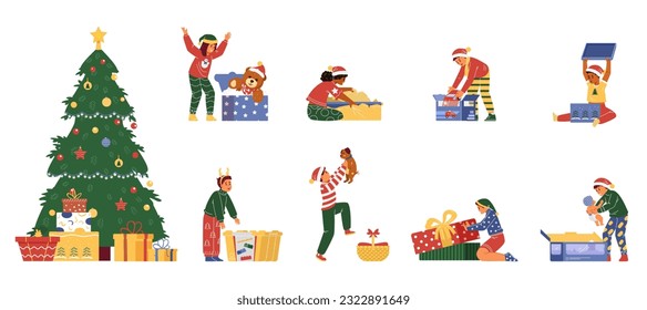 Happy Kids in Christmas outfit opening presents flat vector illustrations collection. Set of multiracial kids receiving Christmas gifts. Christmas tree and gift boxes.