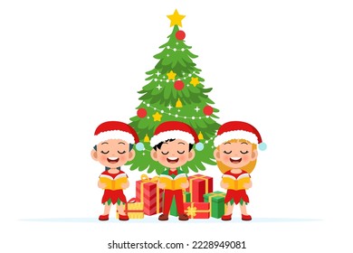 Happy kids christmas sing musical. Christmas vector style