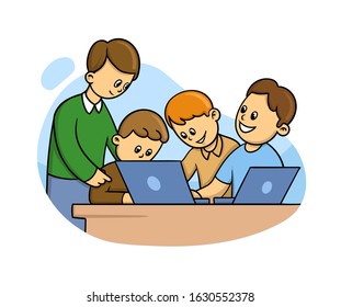 Happy kids in classroom studying computers, IT science. Teacher explaining lesson to the students. Flat vector illustration, isolated on white background.