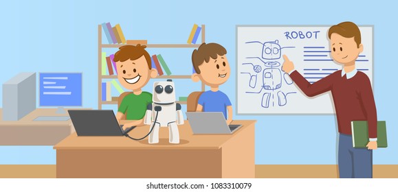 Happy kids in classroom studying robotics, science. Teacher explaining robot mechanics to the students in front of a robot scheme. Cartoon vector illustration. Flat style. Horizontal.