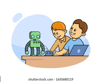 Happy kids in classroom studying robotics, science with cute little robot in front of them. Cartoon flat vector illustration. Isolated on white background.