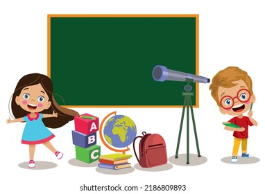 happy kids in classroom with telescope cube and books in front of the lesson board