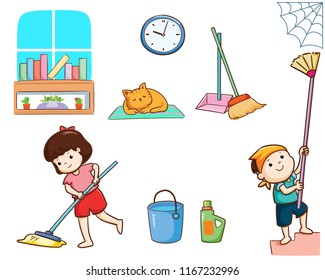Happy kids cleaning the house vector illustration.